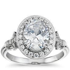 NEW Blue Nile Studio Oval Vintage Fleur de Lis Halo Engagement Ring in Platinum (1/6 ct. tw.) 